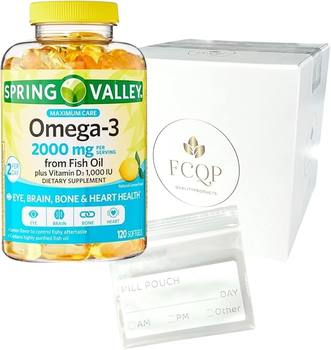 Spring Valley Maximum Care Omega-3 from Fish Oil Dietary Supplement Softgels for Eye Brain Bone &amp Heart Health 2000 mg 120 Count Included is a Pill Pouch Sticker