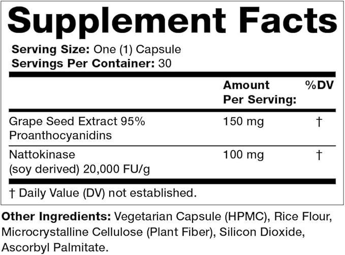 Olympian Labs Nattokinase Complex with Grape Seed Extract Herbal Supplements Superior Heart Health Support - 30 Daily Capsules