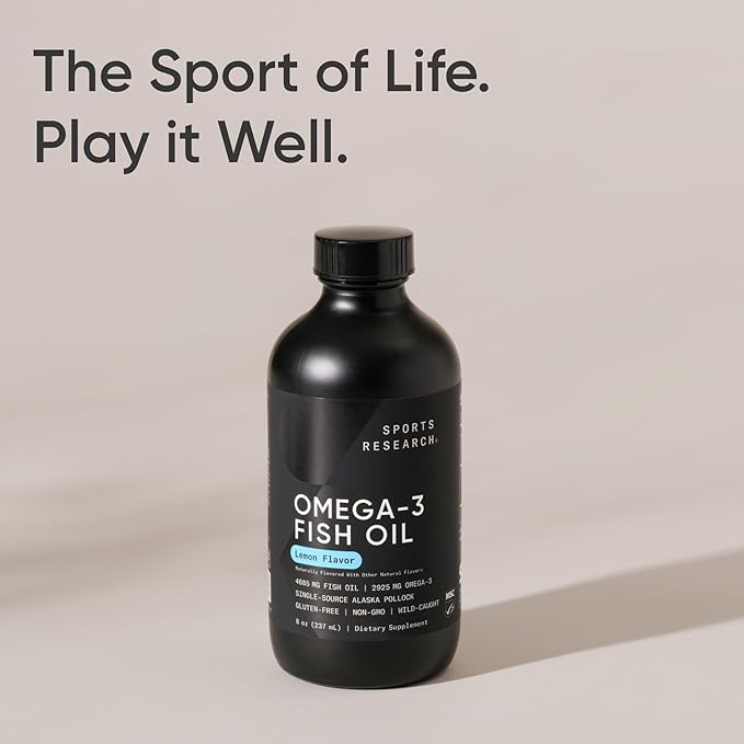 Sports Research® Omega-3 Fish Oil 8oz Glass Bottle - 4685mg of Wild Caught Alaska Pollock Fish Oil per Serving - Easy-to-Take Liquid · Lemon Flavor · Non-GMO · MSC Certified Sustainable - 48 Servings