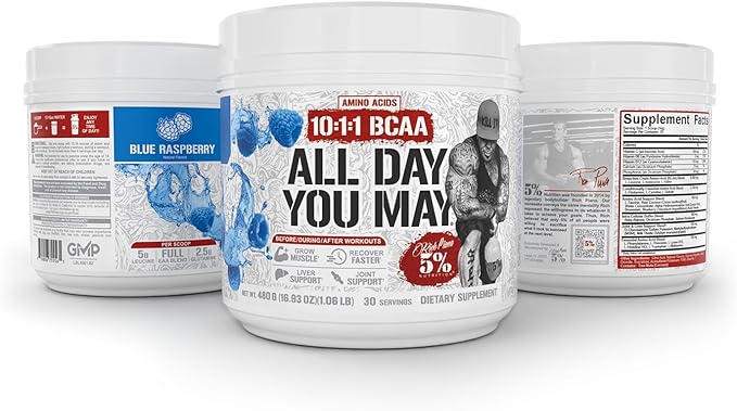 5% Nutrition Rich Piana AllDayYouMay BCAA Powder | Premium Intra &amp Post Workout Amino Acids EAA Electrolytes | Hydration Endurance Recovery | Vegan &amp Keto | 16.93 oz 30 Srvgs (Blue Raspbe