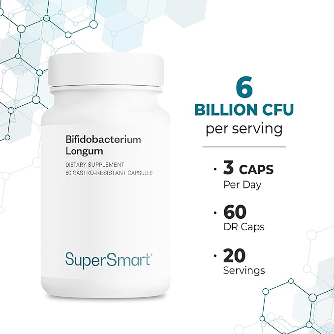Supersmart - Bifidobacterium Longum (BB536) 6 Billion CFU per Day - Probiotics &amp Prebiotics Supplement | Non-GMO &amp Gluten Free - 60 DR Capsules