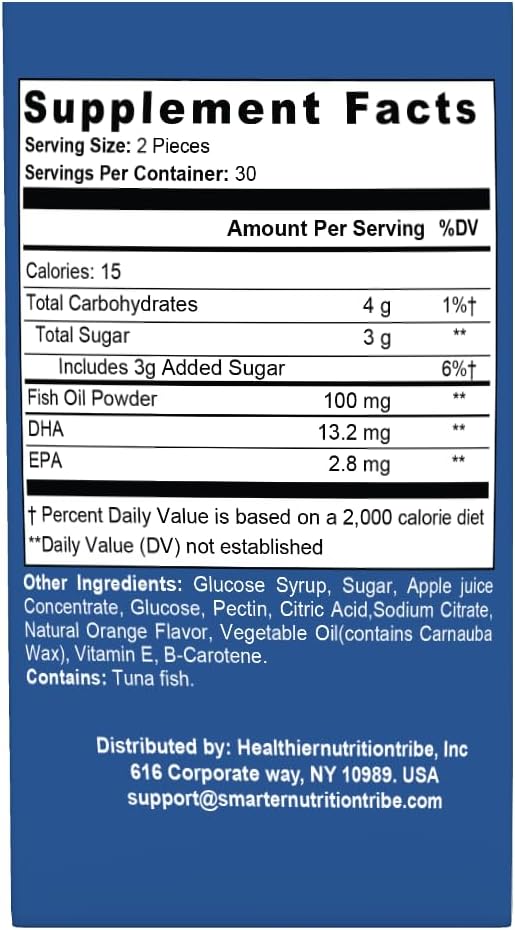 Omega‑3 Fish Oil Gummies Contains 100mg of Fish Oil Powder 13.2 DHA + 2.8MG EPA Heart Brain &amp Eye Support No Fishy Aftertaste with Raspberry-Flavored 60 Gummies