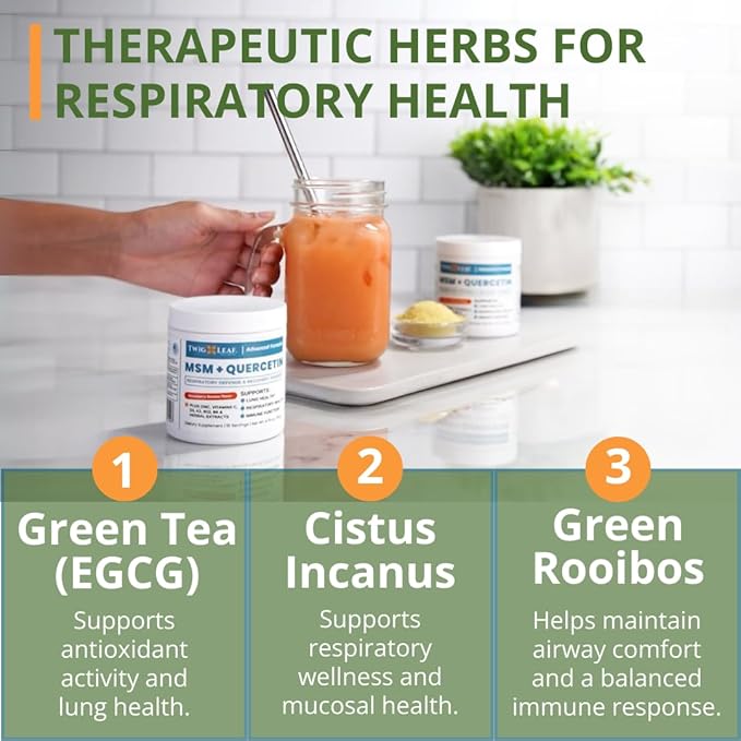 Twig &amp Leaf MSM + Quercetin Powder with Vitamin C &amp Zinc (Strawberry Banana) - Immune System Support Supplement for Respiratory Health &amp Lung Function - Natural Defense &amp Recovery Comp
