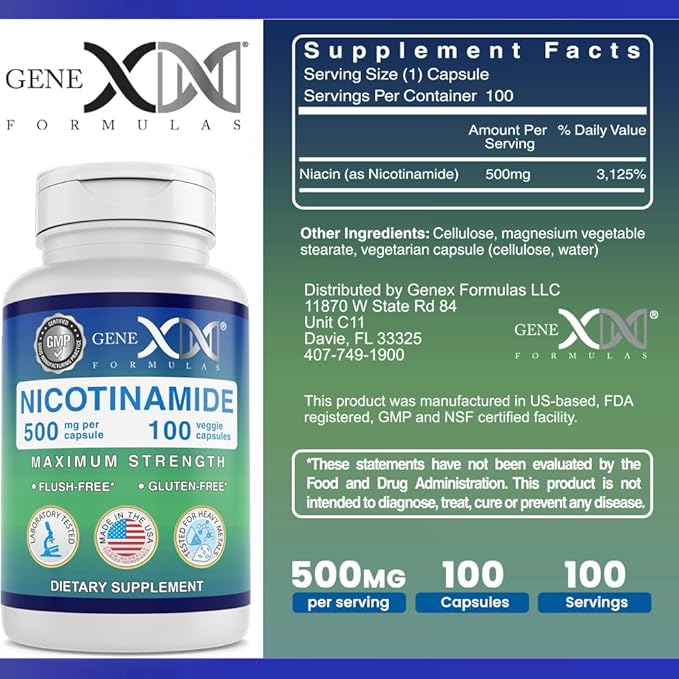 Genex Formulas - Nicotinamide 500mg Vitamin B3 Flush Free Niacin Capsules for Healthy Skin - Niacinamide Supplement Pills Help Produce Keratin &amp Support Skin Cell Health &amp Energy - (100 Capsul