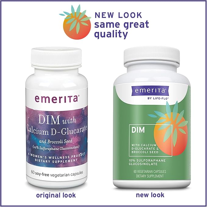 Emerita by Life-flo DIM Supplement Balancing Support for Women with 100mg DIM Plus Calcium D-Glucarate and Broccoli Seed Extract 60-Day Guarantee Not Tested on Animals 30 Servings 60 VegCaps