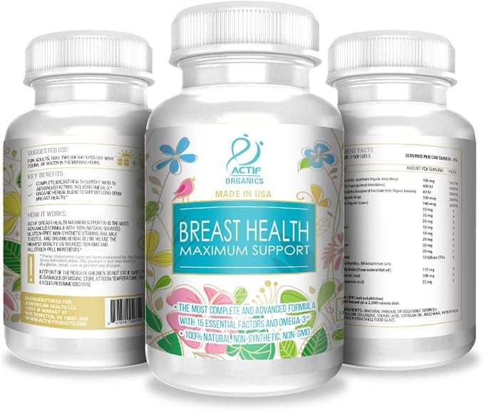 ACTIF Breast Health Maximum Support with 15 Advanced Factors and Omega-3 - Non GMO Made in USA 90 Count