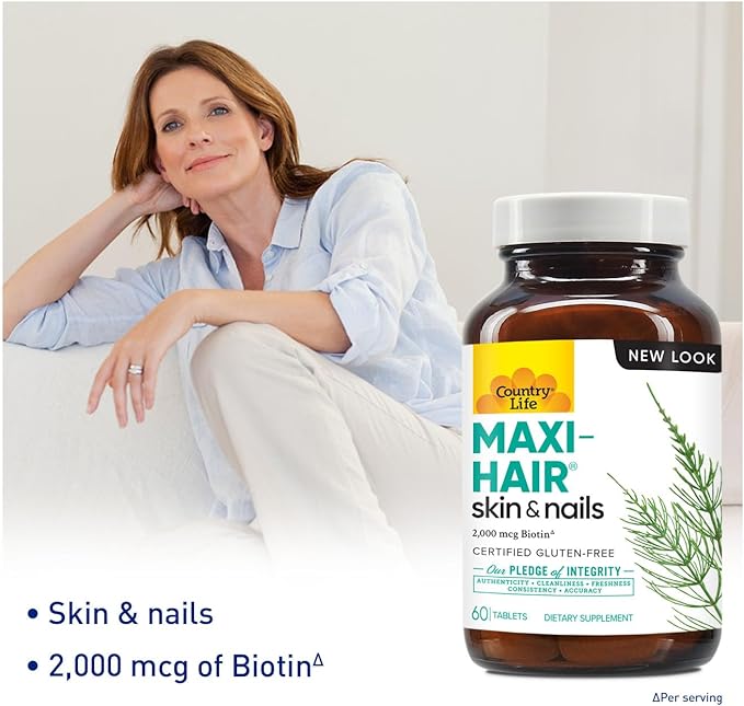 Country Life Maxi-Hair Supplement - 2000mcg Biotin &amp Vitamins for Hair Skin &amp Nails - Certified Gluten-Free &amp Vegetarian - Supports Hair Growth 60 Tablets (Pack of 2)