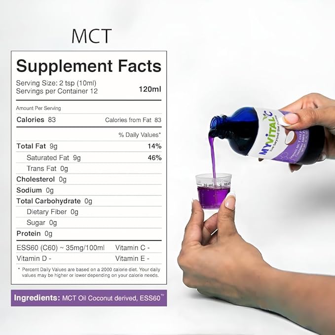 MyVitalC Organic MCT Oil Coconut Derived - Pure ESS60 Antioxidant Supplement - For Anti-Aging Oxidation Longevity Sleep More Energy - 120ML