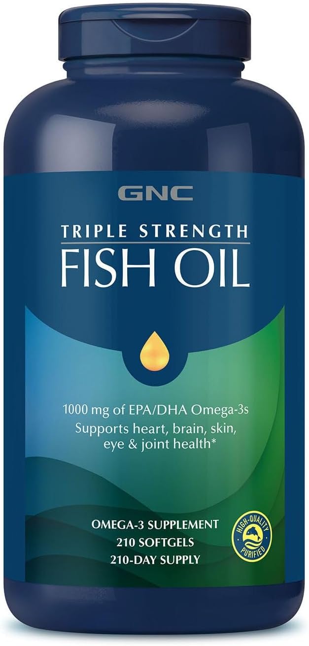 GNC Triple Strength Fish Oil Omega 3 Supplement 1000mg EPA and DHA Supports Heart Brain Skin Eye and Joint Health 210 Softgels