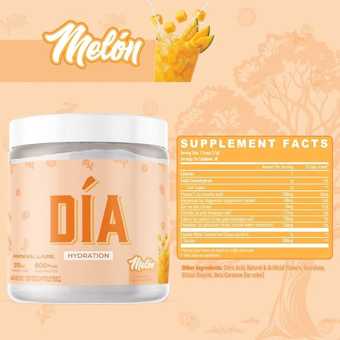 DIA Hydration Electrolyte + Immunity Powdered Drink Mix | Latino Aguas Frescas Flavors | Vitamin C Zinc &amp Taurine | Low Sugar 1 gram per serving | Daily Hydration Drink Mix | 40 Servings | Melon