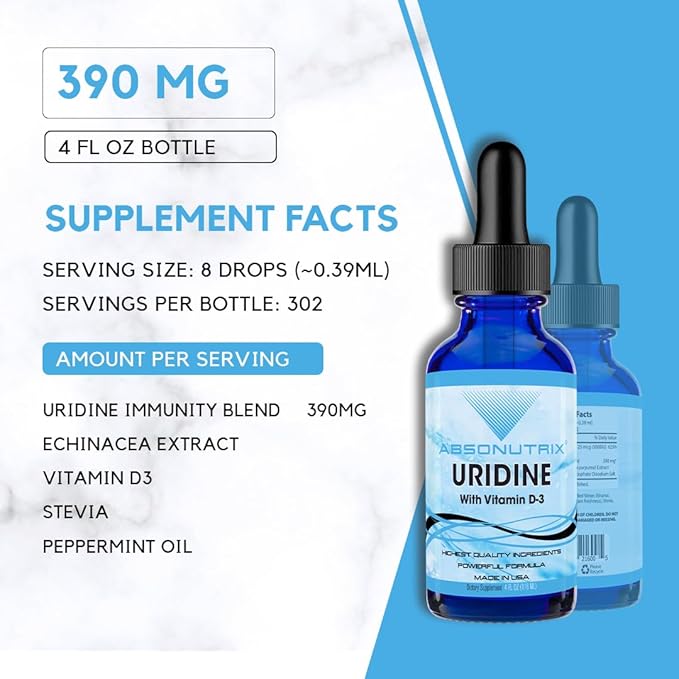 Absonutrix Uridine with Vitamin D-3 343 mg 4 FL OZ Liquid 302 Servings Made in USA Plant-Based Ingredients Gluten-Free