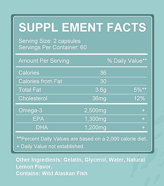 Triple Strength Wild Alaskan Fish Oil Omega-3 2500mg EPA 1300mg + DHA 1200mg Supplement for Heart and Joint Health 2 Month Supply 120 Softgels