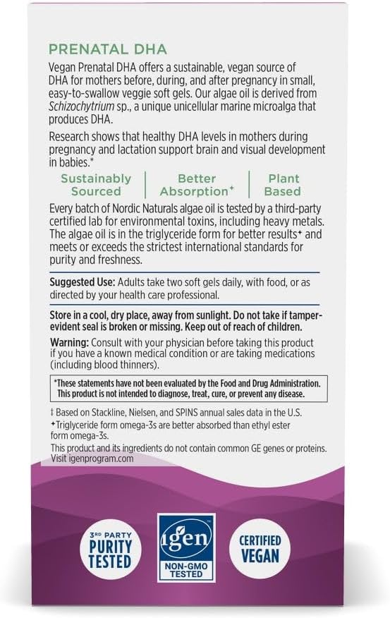 Nordic Naturals Vegan Prenatal DHA Unflavored - 60 Soft Gels - 500 mg Plant-Based DHA - Supports Brain Development in Babies &amp Healthy Pregnancy - Non-GMO - 30 Servings