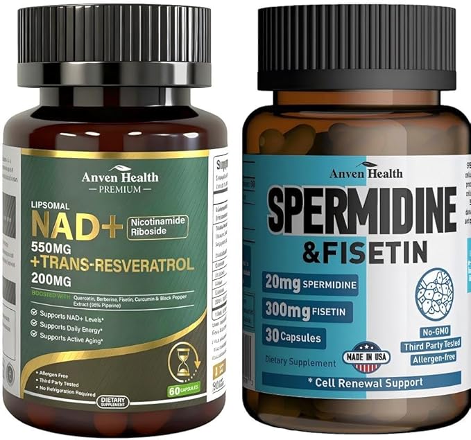 Liposomal NAD+ Nicotinamide Riboside Supplement 550mg with Trans-Resveratrol + Spermidine &amp Fisetin Supplement - 20mg of 99% Spermidine