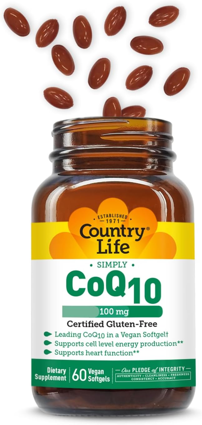 Country Life Simply CoQ10 100mg – Heart Function &amp Cellular Energy Support Supplement Pure Coenzyme Q10 for Antioxidant &amp Cardiovascular Health Certified Gluten Free &amp Vegan 60 Softgels