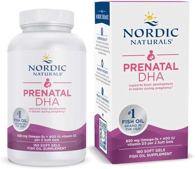 Nordic Naturals Prenatal DHA Unflavored - 180 Soft Gels - 830 mg Omega-3 + 400 IU Vitamin D3 - Supports Brain Development in Babies During Pregnancy &amp Lactation - Non-GMO - 90 Servings