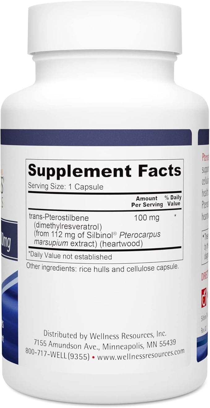 Wellness Resources Pterostilbene - Natural Source Silbinol Trans-Pterostilbene for Healthy Aging (100mg 60 Veggie Capsules) Non-GMO Vegan Soy-Free