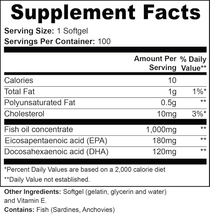 Omega 3 Fish Oil Capsules 1000mg – EPA 180mg DHA 120mg per Softgel – Omega-3 Fatty Acids Supplement for Heart Brain Joint &amp Eye Health – Fish Oil Pills for Women &amp Men – 100 Softgels