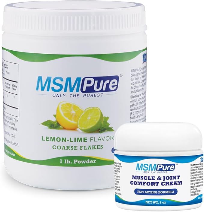 KALA HEALTH MSMPure Lemon Lime Flavored Coarse Flakes 1lb and Muscle &amp Joint Cream 2oz Bundle