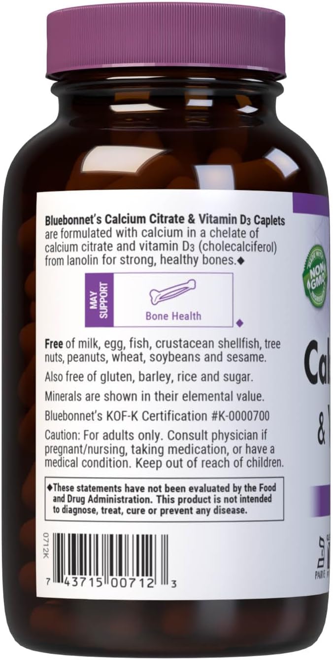 Bluebonnet Calcium Citrate with Vitamin D3 - Daily Bone Health &amp Strength Plus Immune Support* 1000mg Calcium Supplement for Women &amp Men - Non-GMO Gluten-Free - 180 Caplets