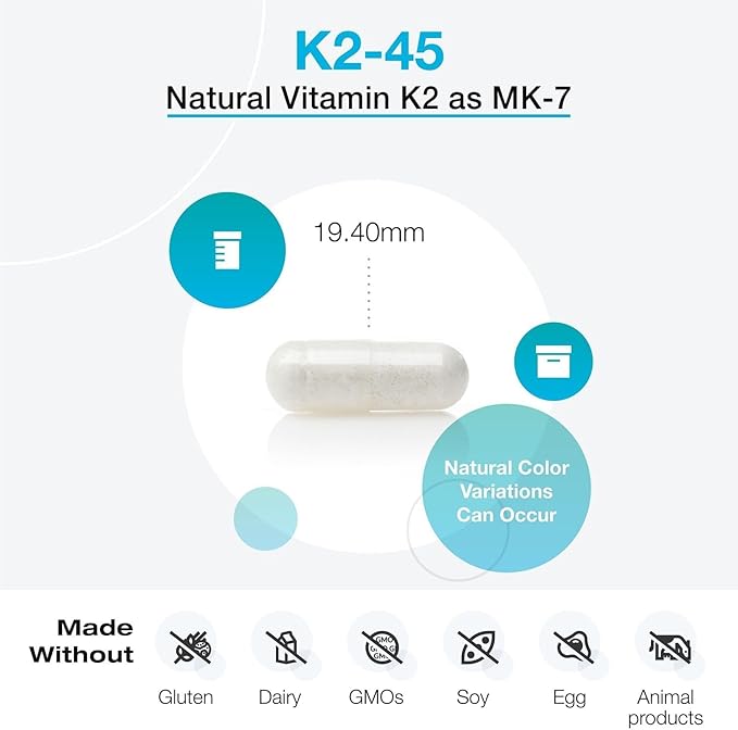 XYMOGEN K2-45 - Bone &amp Cardiovascular Support - 45 mcg Vitamin K2 - Bioavailable Natto-Derived Vitamin K - Vegetarian Gluten-Free Non-GMO - 60 Capsules