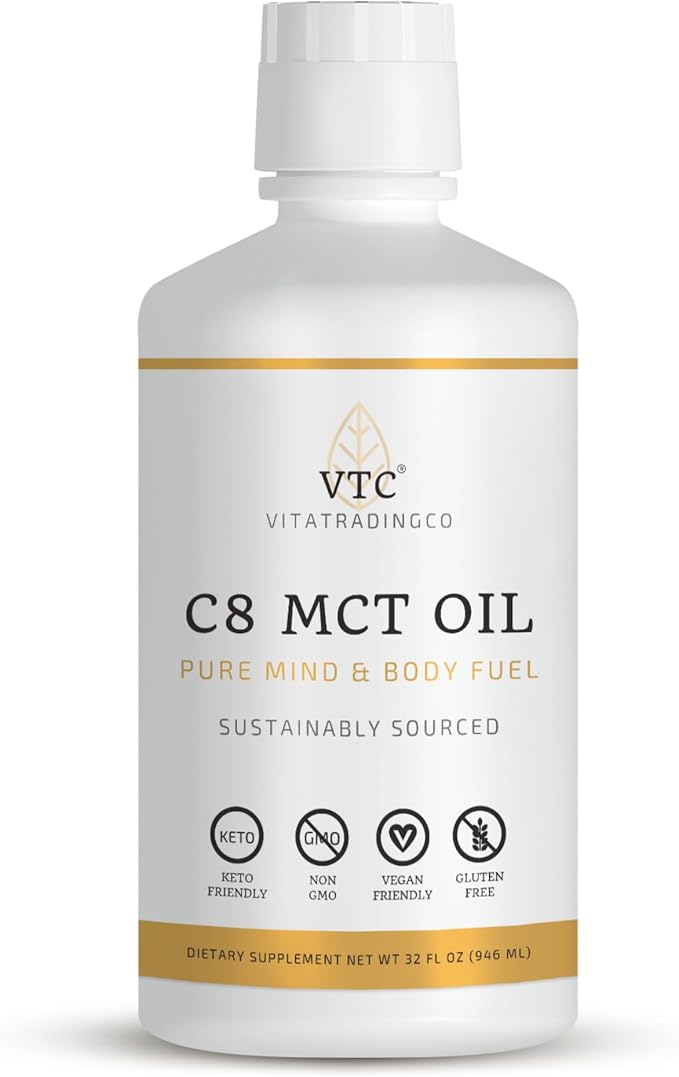 VTC VitaTradingCo. 100% Pure C8 MCT Oil | 3X Distilled Caprylic Acid | Healthy Fat for Clean Energy | Sustainably Sourced | Non-GMO Paleo Keto | 32oz 64 Servings (Unflavored)