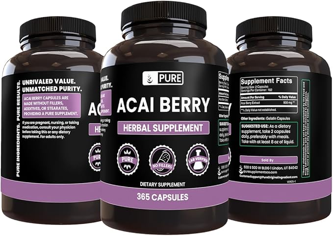 PURE ORIGINAL INGREDIENTS Acai Berry (365 Capsules) No Magnesium Or Rice Fillers Always Pure Lab Verified