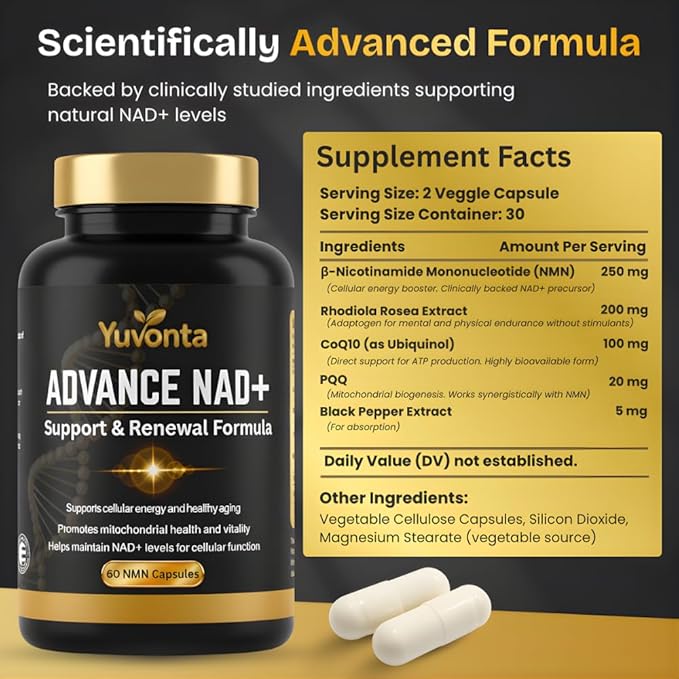 NAD+ Supplement with Nicotinamide – Advanced NAD Booster Supplement for Cellular Energy &amp Longevity – NAD Plus Supplement Capsules for Men &amp Women–60 Vegan NAD Capsules