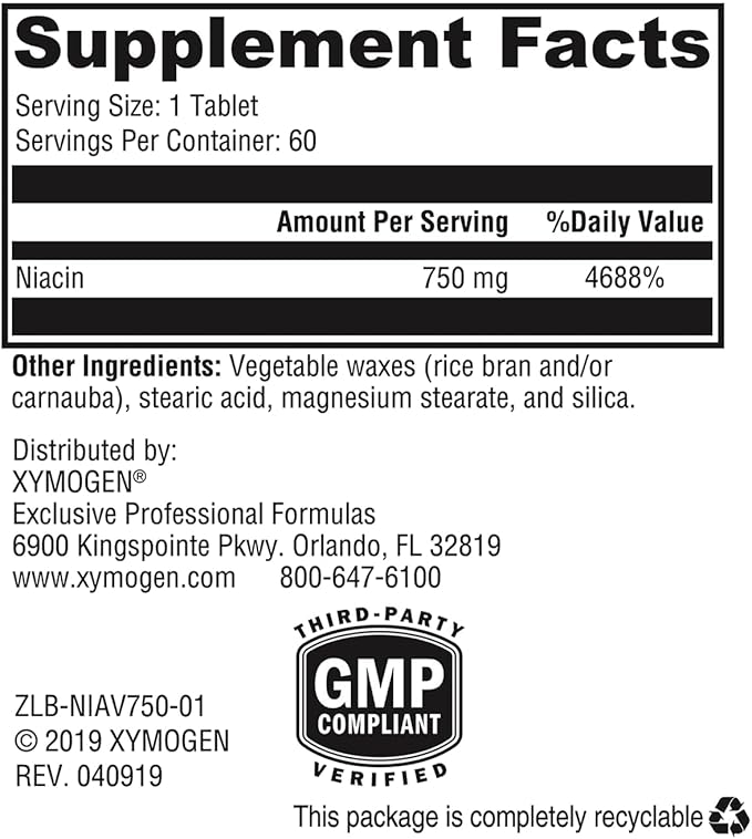 XYMOGEN NiaVasc - Sustained-Release 750 mg Niacin - Supports Healthy Blood Lipids &amp Normal Carotid Intima-Media Thickness - Vegetarian Non-GMO &amp Gluten Free - 60 Capsules