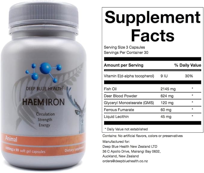 New Zealand Heme Iron Supplement - 1000mg x 90 Soft Gel Capsules - Iron Deficiency Supplement for Anemia - Deer Blood w/ Ferrous Fumarate - Supports Energy Strength and Circulation for Men and Women