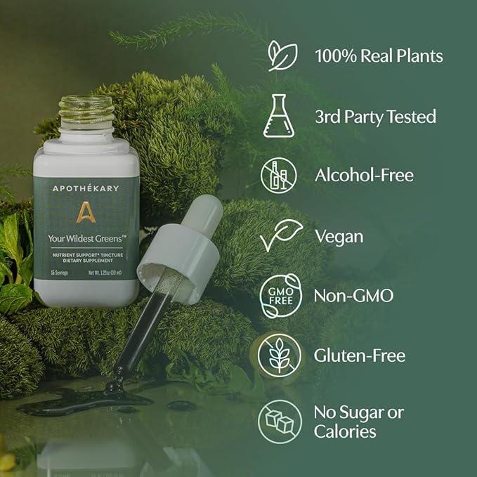 Apothékary Your Wildest Greens Herbal Liquid Drops All-in-One Daily Superfood Supplement Vitamin &amp Mineral Support 5X Potency of Greens Powders Sugar Free Calorie Free (15 Servings) 1.22oz