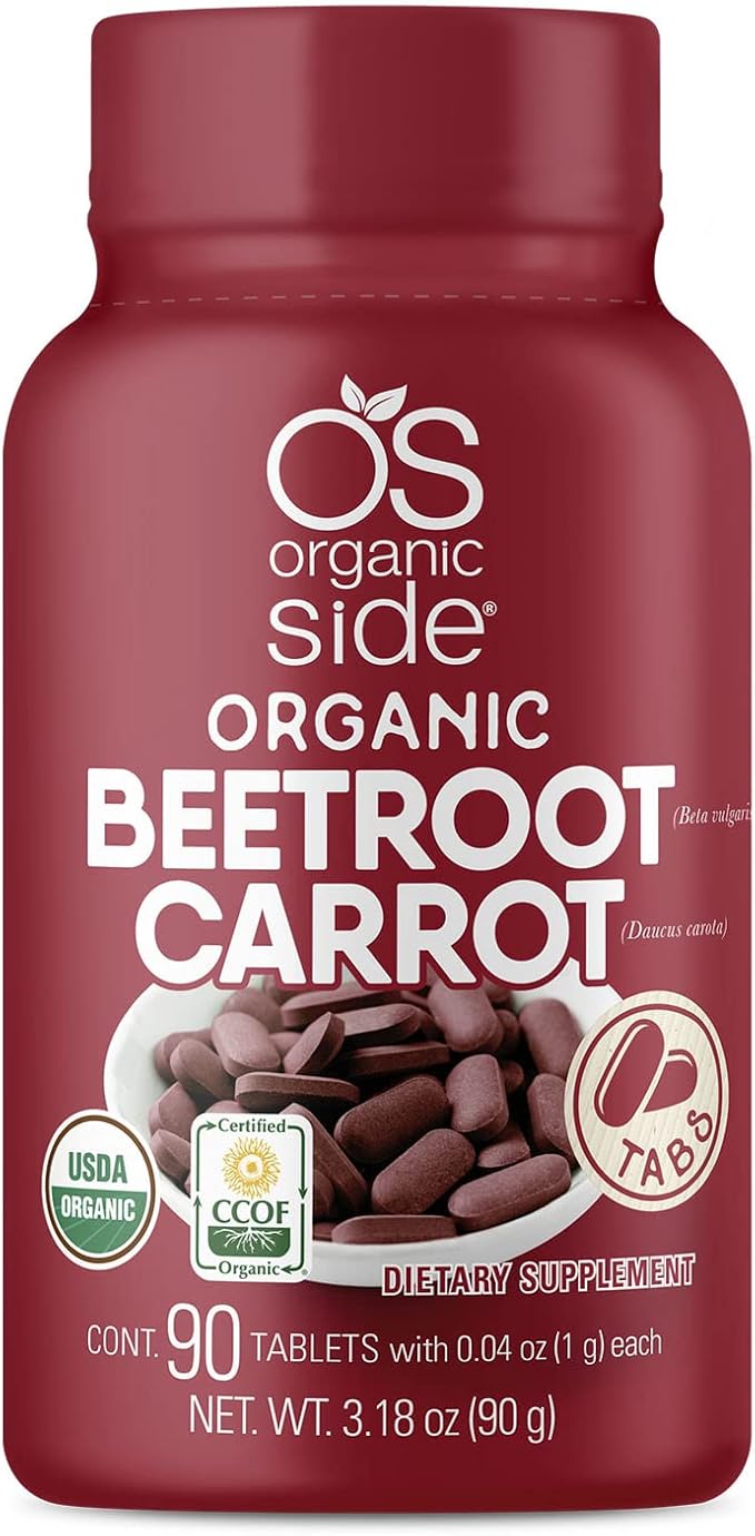OS Organic Side | Beetroot &amp Carrot Tablets | 100% Pure Organic | 90 Count | 1120 mg | USDA Certified | Non-GMO Plant-Based for Heart Health &amp Energy Boost