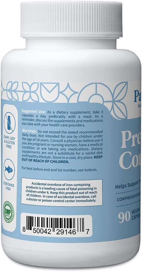 Pattern Wellness Prenatal Complex for Women – Prenatal Vitamin with DHA Folate Iron Probiotics &amp Biotin – Support from Preconception to Postpartum - 90 Capsules