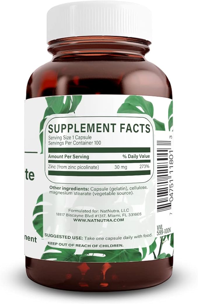Natural Nutra Zinc Picolinate 30 mg Double Strength Raw and Pure Highly Bioavailable Supplement for Growth &amp Immunity Helps Promote Skin Health Support Metabolic System 100 Capsules (2 Pack)