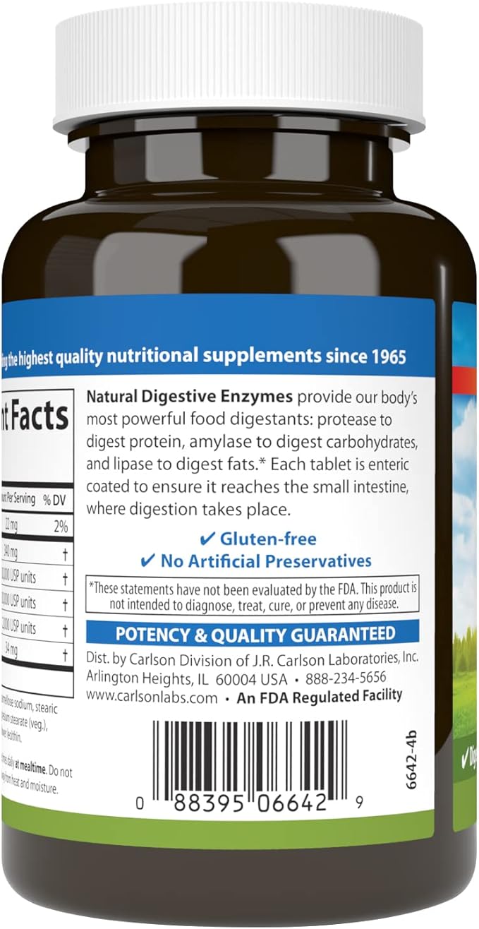 Carlson - Natural Digestive Enzymes Digestive Aid #34 with Protease Amylase &amp Lipase Digestive Support Nutrient Absorption &amp Optimal Wellness 250 Tablets
