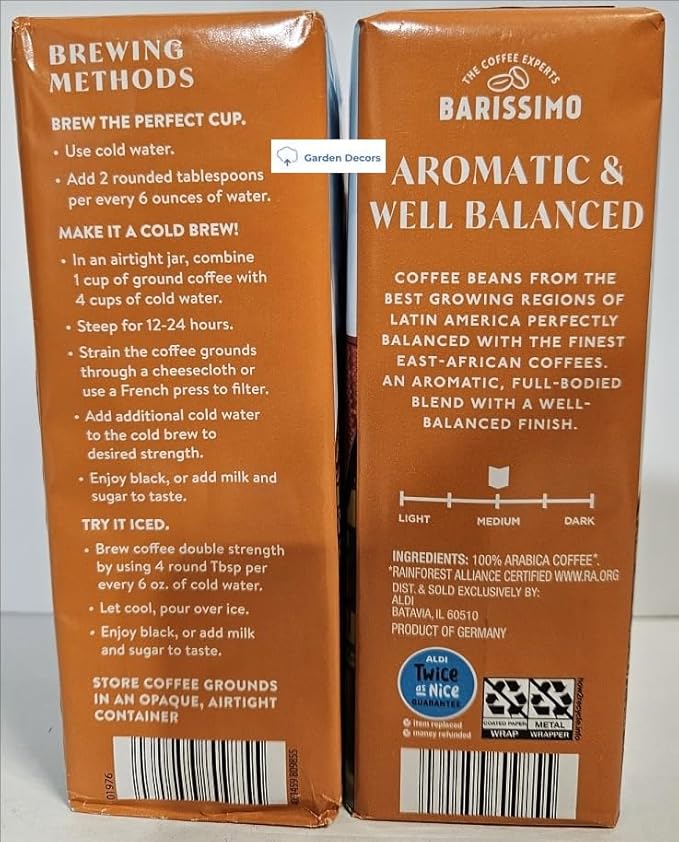 Generic German Barissimo Low Acidity Medium Roasted Ground Coffee 17.6oz 500g (Two Packs)