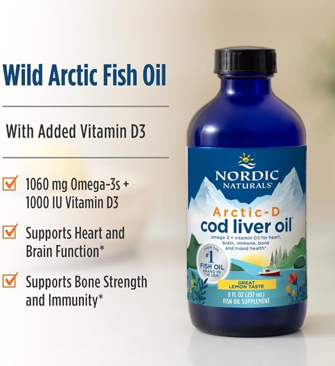 Nordic Naturals Arctic-D Cod Liver Oil Lemon - 8 oz - 1060 mg Total Omega-3s + 1000 IU Vitamin D3 - EPA &amp DHA - Heart Brain Bone Immune &amp Mood Support - Non-GMO - 48 Servings
