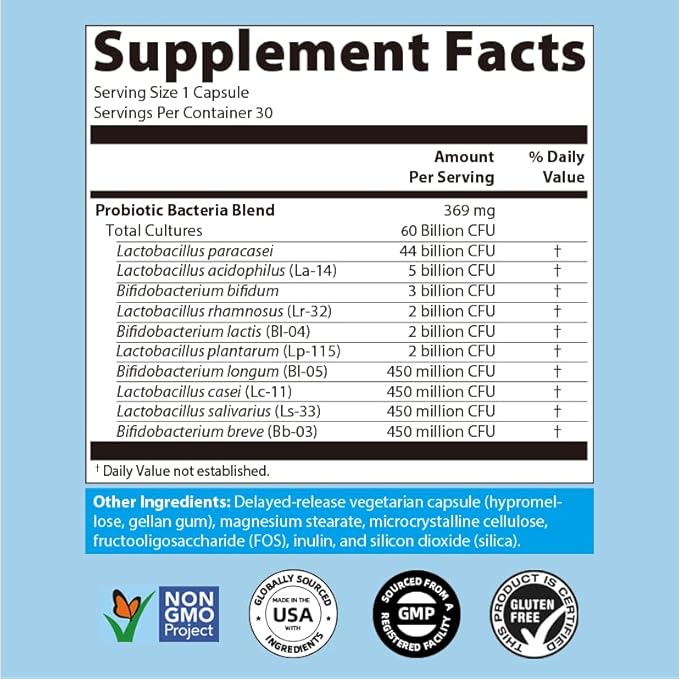 60 Billion CFU 10 Strains Probiotic-Additional prebiotics are added to regulate the balance of intestinal flora promote peristalsis enhance immunity and improve intestinal health30 Capsules