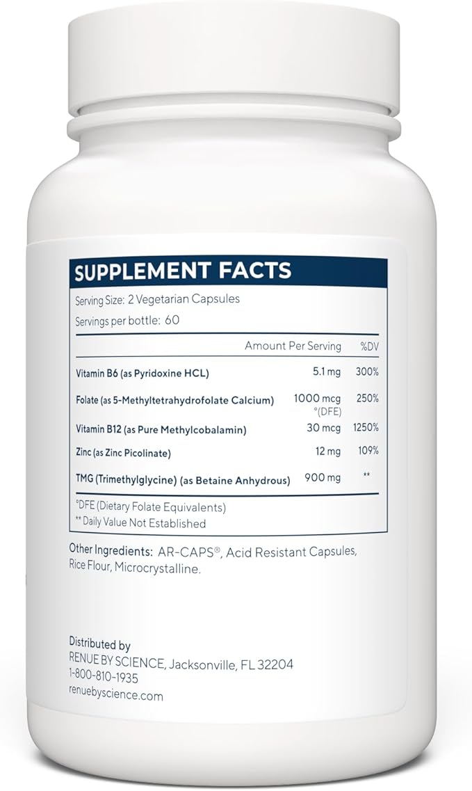 Renue By Science TMG | High Strength TMG Supplements | 120 Trimethylglycine Capsules - 900mg TMG per Serving with Vitamin B12 Vitamin B6 Folate &amp Zinc | Made in the USA &amp Third-Party Tested