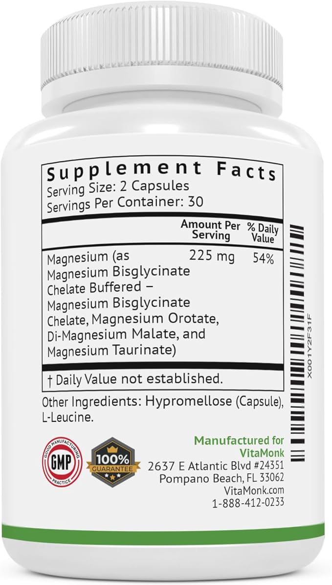 Quad Magnesium Blend by Vitamonk - with Magnesium Orotate Glycinate Chelate Magnesium Taurate and Di- Magnesium Malate - High Absorption Magnesium Complex for Sleep Heart and Mood