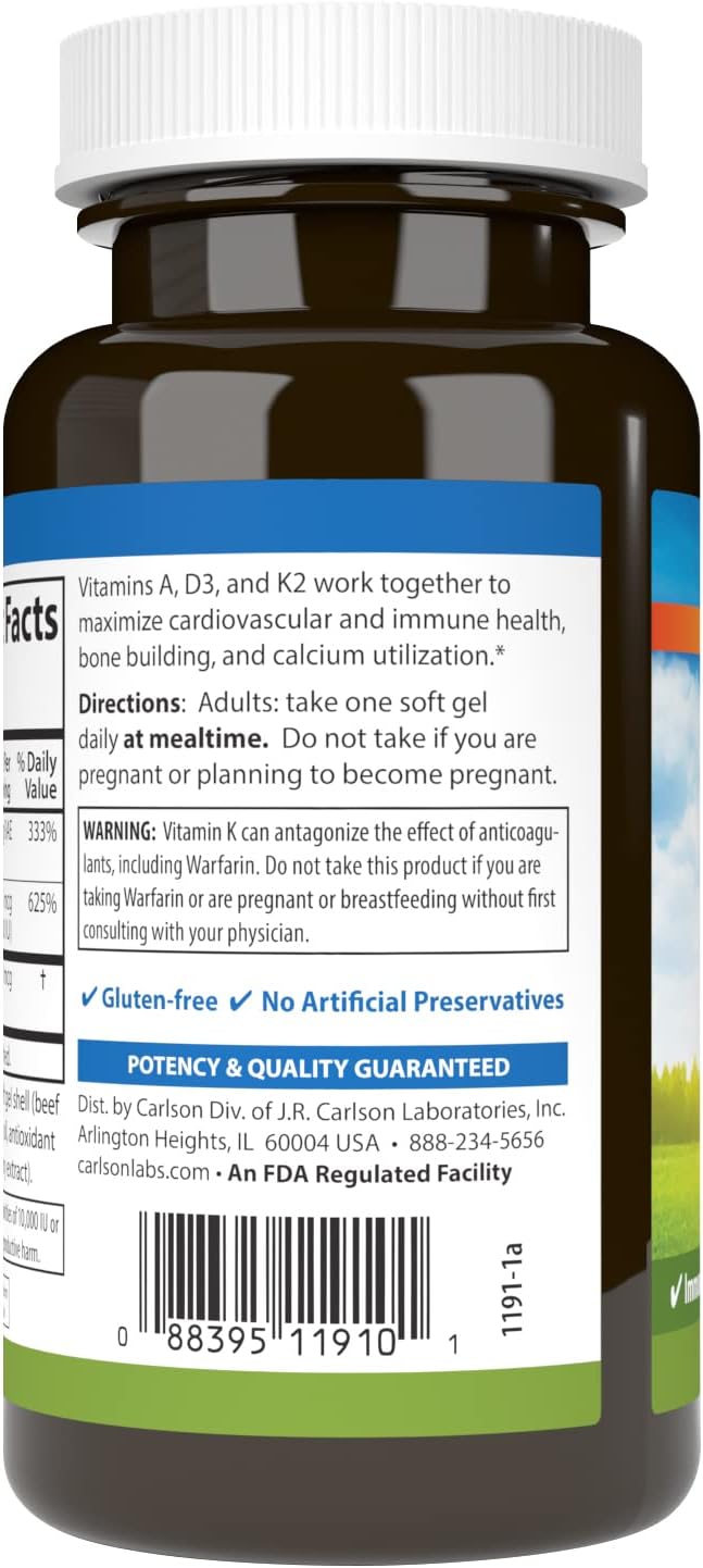 Carlson - Vitamins A D3 K2 3000 mcg RAE Vitamin A 125 mcg Vitamin D3 90 mcg Vitamin K2 as MK-7 Bone Building Calcium Utilization 120 Soft Gels