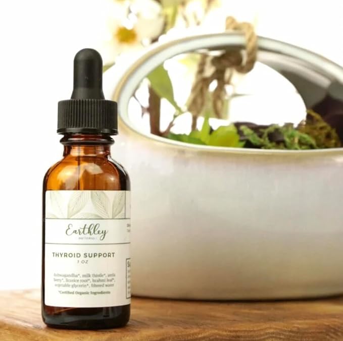 Earthley Wellness Thyroid Support Tincture Organic Herbal Supplement for Thyroid Health Hormonal Balance &amp Immune Support Ashwagandha Milk Thistle Amla Berry Licorice &amp Brahmi (4oz 240+