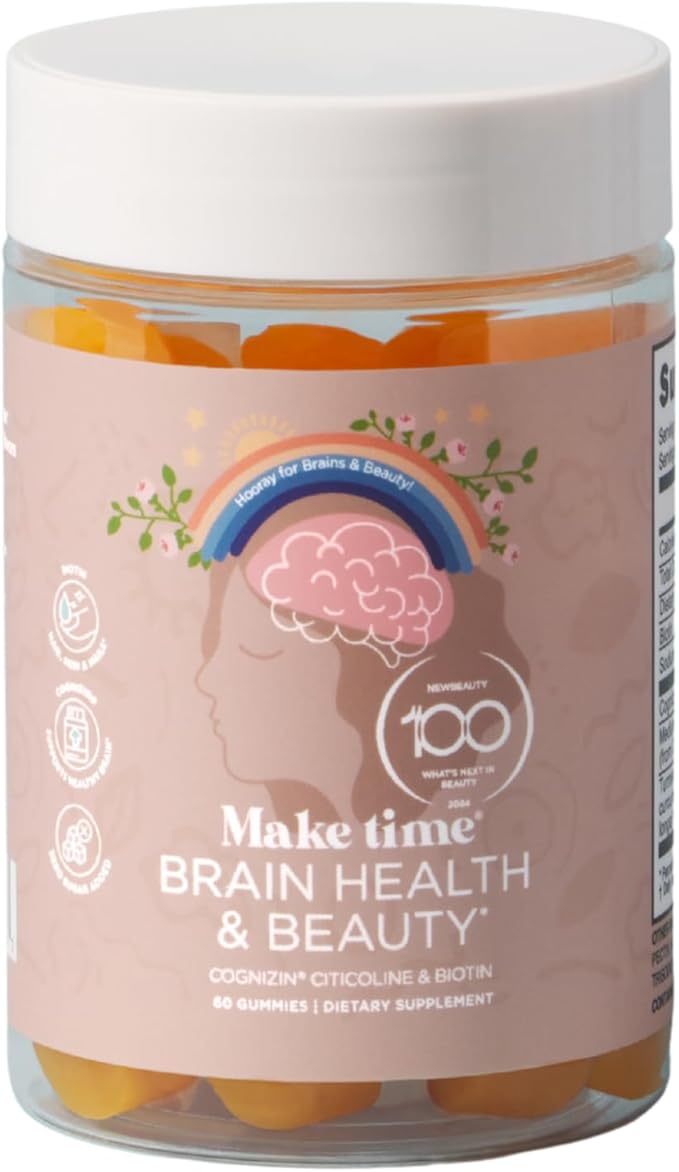 MAKE TIME Brain &amp Beauty Gummies – Cognitive Support with Cognizin Citicoline &amp Biotin for Focus Clarity &amp Radiant Hair Skin &amp Nails – Sugar-Free Delicious Blueberry Flavor (60 Gum