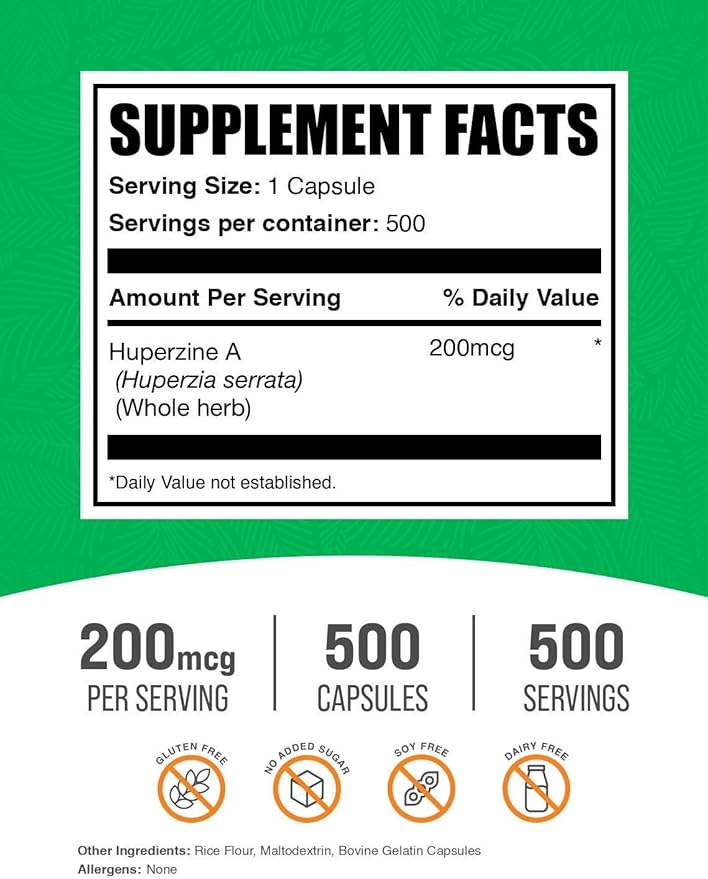 BulkSupplements.com Huperzine A 200mcg Capsules - Nootrophic Huperzine A Supplement - Gluten Free 1 Capsule per Serving 500 Count (Pack of 1)