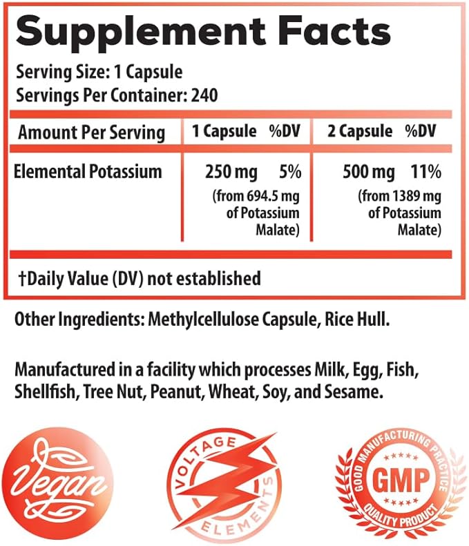 Potassium Malate 1389mg - ATP Production &amp Cellular Energy Electrolyte Balance - Elemental Potassium 500mg (240 Capsules) Vegan