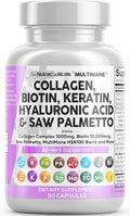 Clean Nutraceuticals Collagen Pills 1000mg Biotin 10000mcg Keratin Saw Palmetto Hyaluronic Acid - Hair Skin &amp Nails Vitamins &amp DHT Blocker with Vitamin E Folic Acid Pumpkin Seed MSM - 90 Count