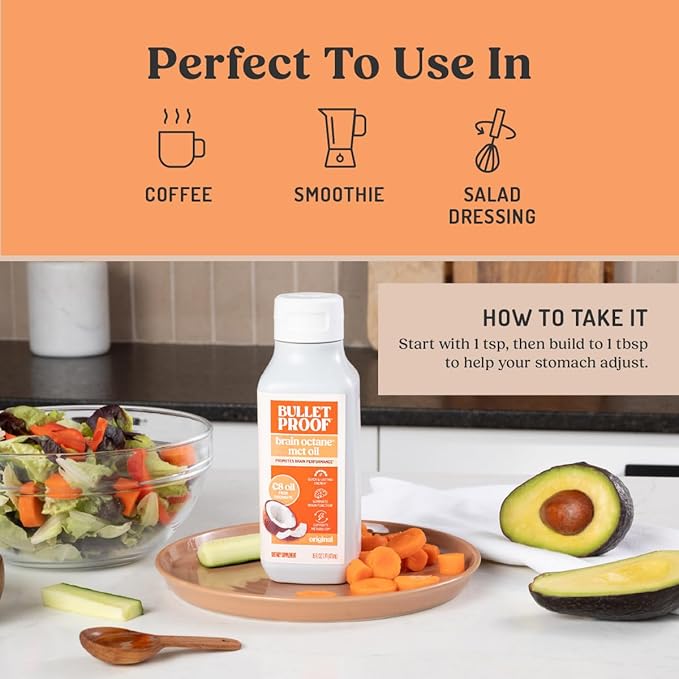 Bulletproof Brain Octane C8 MCT Oil 16 oz (Pack of 2) – 100% Pure Coconut Oil Triple-Distilled Keto Energy Supplement for Coffee &amp Smoothies Unflavored No Additives or Fillers Non-GMO
