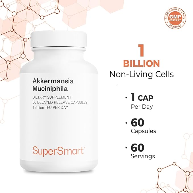 Supersmart Akkermansia Muciniphila 1 Billion TFU per Day (Pasteurized Probiotic) - Enhanced Absorption - Postbiotic Supplement | Non-GMO &amp Gluten Free - 60 Delayed Release Capsules