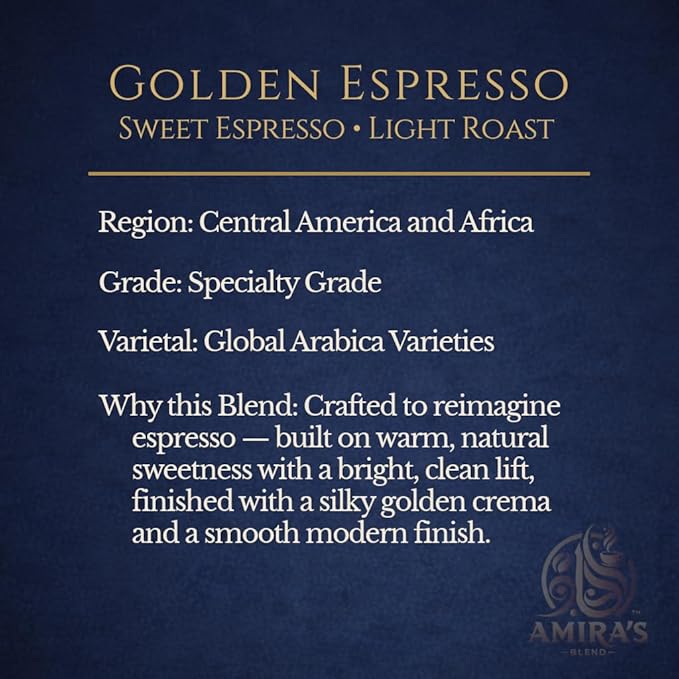 Amira’s Golden Espresso – Light Roast Sweet Espresso Blend Specialty Grade Freshly Roasted Always – Espresso Reimagined (Coarse Ground 12oz)