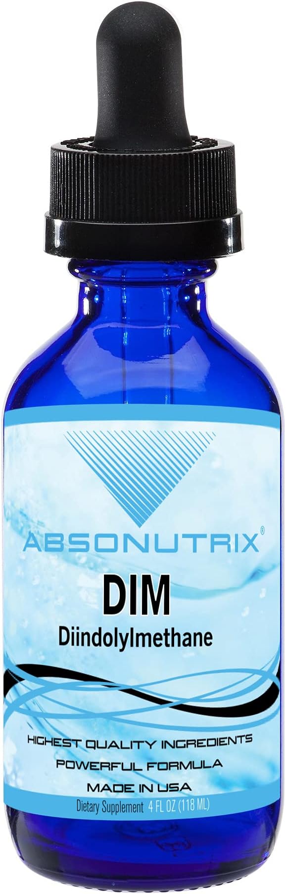 Absonutrix DIM (Diindolylmethane) Extract 593 mg 4 Oz Bottle 200 Potent Servings Third-Party Tested Drops Quick Absorption Gluten-Free Third-Party Tested GMP-Certified Non-GMO Made in USA